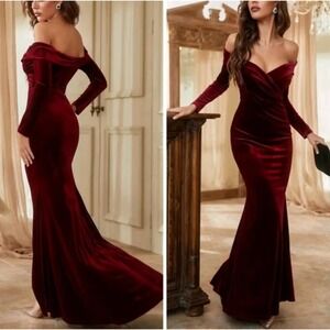 NWT Giffniseti Women's Velvet Off Shoulder Long Sleeve Mermaid Gown Burgundy XL